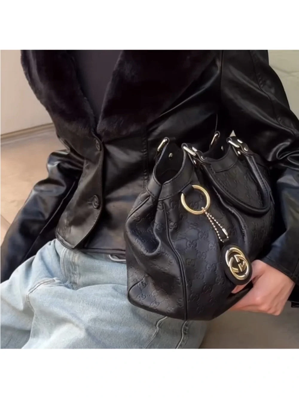 Gucci Leather Sukey logo monogram black bag Y2K Vintage - Picture 6 of 11